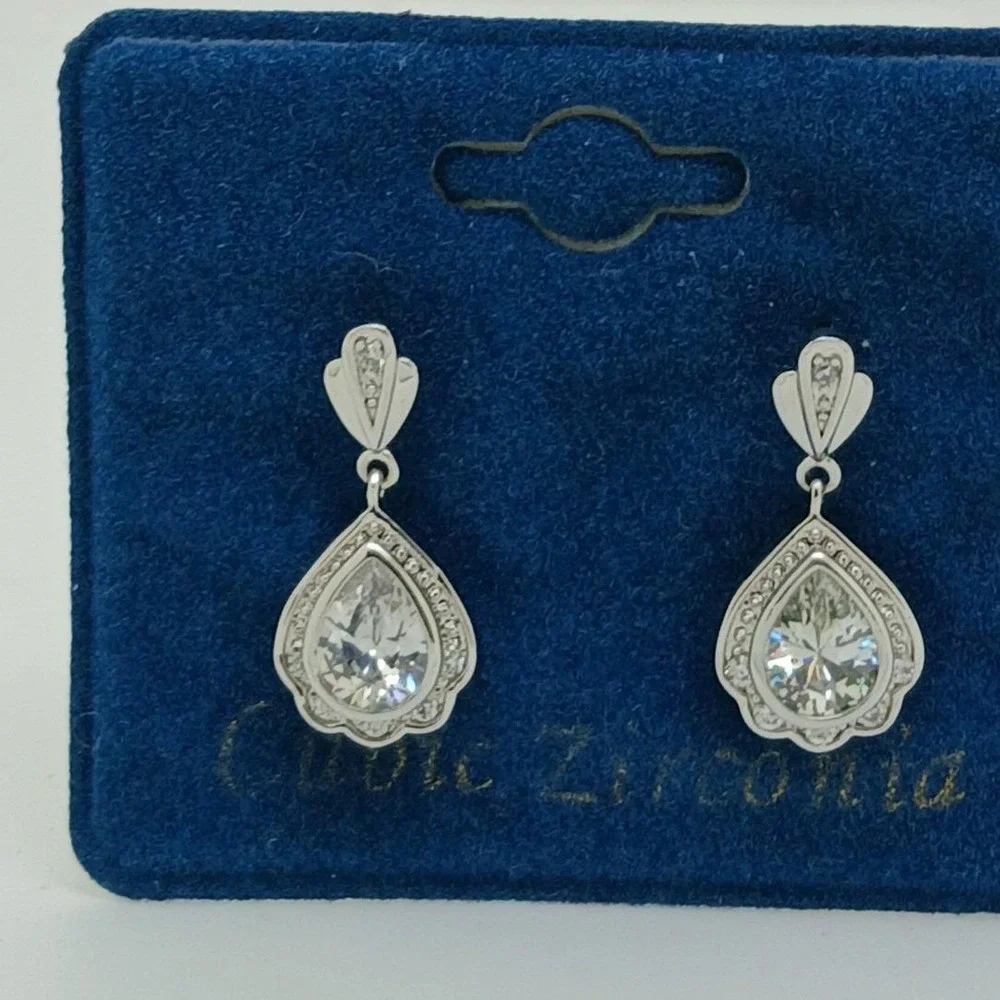 Vintage 1990s Pear Cut Cubic Zirconia Silver Tone Drop Earrings Rare New on Card